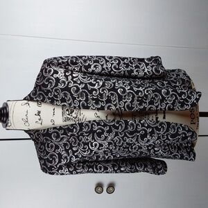 Alex Evenings- Womens Open Black Suit Jacket Silver Metallic Swirl Design Sz.L